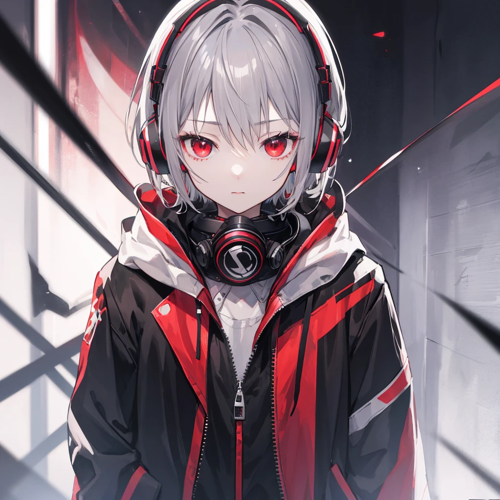 （masterpiece,Highest quality,Anime Style,atmosphere，More Information，CG rendering，Character portrait，Ray Tracing)((juvenile、juvenile、Shota、Solo))、Gray Hair、Red Eyes、Red and black gradient、Jacket、Headphones hanging around the neck