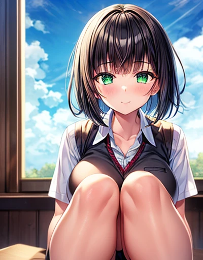 (masterpiece, Highest quality), 1 girl, short hair, Blunt bangs, Black Hair, happiness, Green Eyes, hair ornaments, School_uniform, short_sleeve, just_feet, blue sky, window, Front view, Insights, Breast compression, Beige vest,Big Breasts