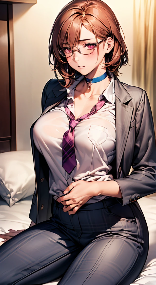 (((On the bed at the love hotel:1.35)))、(((sleep:1.35)))、(((Spread your legs wide:1.35)))、(((mini skirt:1.35)))、(((sexy panties:1.35)))、((Her breasts are about to burst:1.35)))、Fine, shiny skin, (Realistic, photo-Realistic:1.4), Pretty girl, Are standing, Looking out the window, White shirt, Collared shirt, Black tie, Black trousers, Long sleeve, smile (Red nose), Yellow Eyes + The eyes are round, short hair + Redhead + Long braided hair, hand \(Chainsaw Man\) 