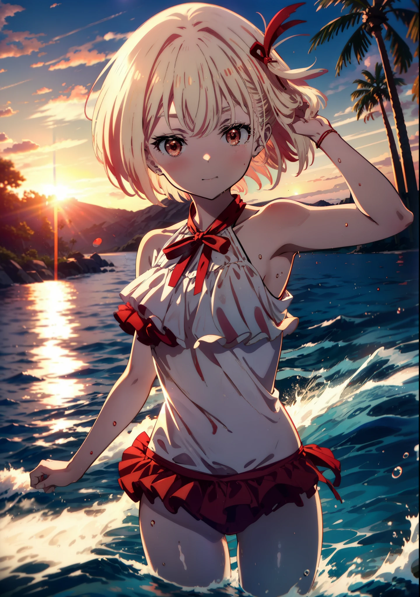 chisato nishikigi, short hair, bangs, Blonde, smile,(Red eyes:1.5),hair ribbon, One side up, Bobcut,smile,Red frilly bikini swimsuit,barefoot,Wet Skin,Wet swimsuit,Wet Hair,Water Play,evening,sunset,The sun is setting,Calm waves,
break outdoors,Beach,海
break looking at viewer, whole body,(Cowboy Shot:1. 5)
break (masterpiece:1.2), Highest quality, High resolution, unity 8k wallpaper, (figure:0.8), (Beautiful attention to detail:1.6), Highly detailed face, Perfect lighting, Highly detailed CG, (Perfect hands, Perfect Anatomy),