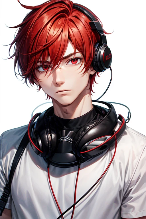 cartoon character red haired man He was wearing a white shirt and a black shirt with headphones around his neck. There is an effect where the eyes are red and the eyes are red.