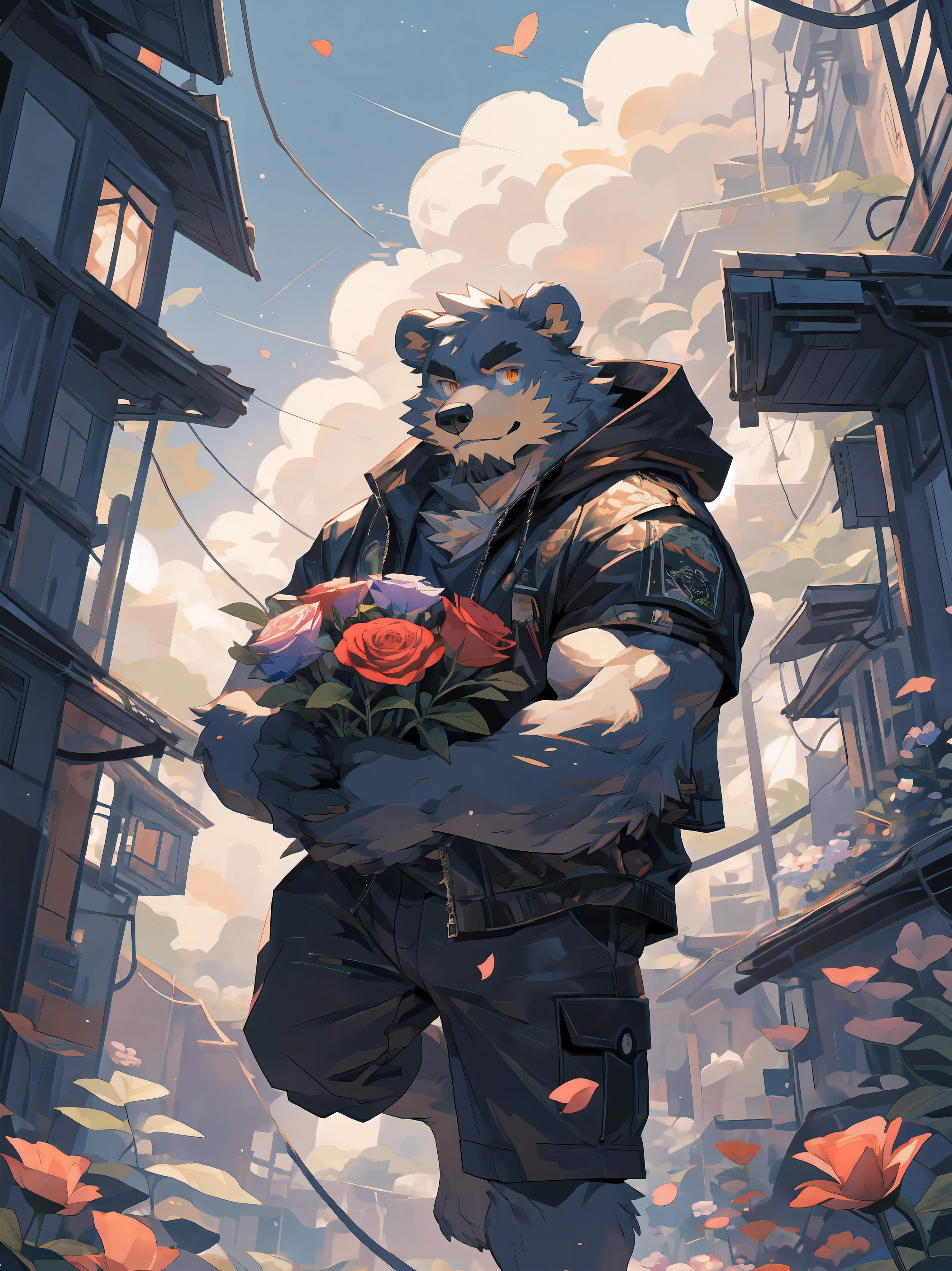 ultra-detailed,extremely detailed and beautiful, sky and white cloud and sunset glow background,ultra-detailed birds, (floating city in bloom, Floating petals, blooming gardens in the sky, many vines on the wall:1.2),Imagination,(masterpiece:1.2), best quality,pixiv,official art,perfect anatomy, (Ray tracing, light),solo, (1_male:1.3) , (muscle), (grey fur:1.4), (muscle bear), (beard:1.2), (gleaming golden eyes), bear tail,Thick black eyebrows, (open short hoodie), (naked inside),cargo shorts, (pure white background: 1.3), looking at viewer,dynamic pose, (holding a bouquet:1.3),(flower:1.3),(leaves:1.3),(portrait:1.3)