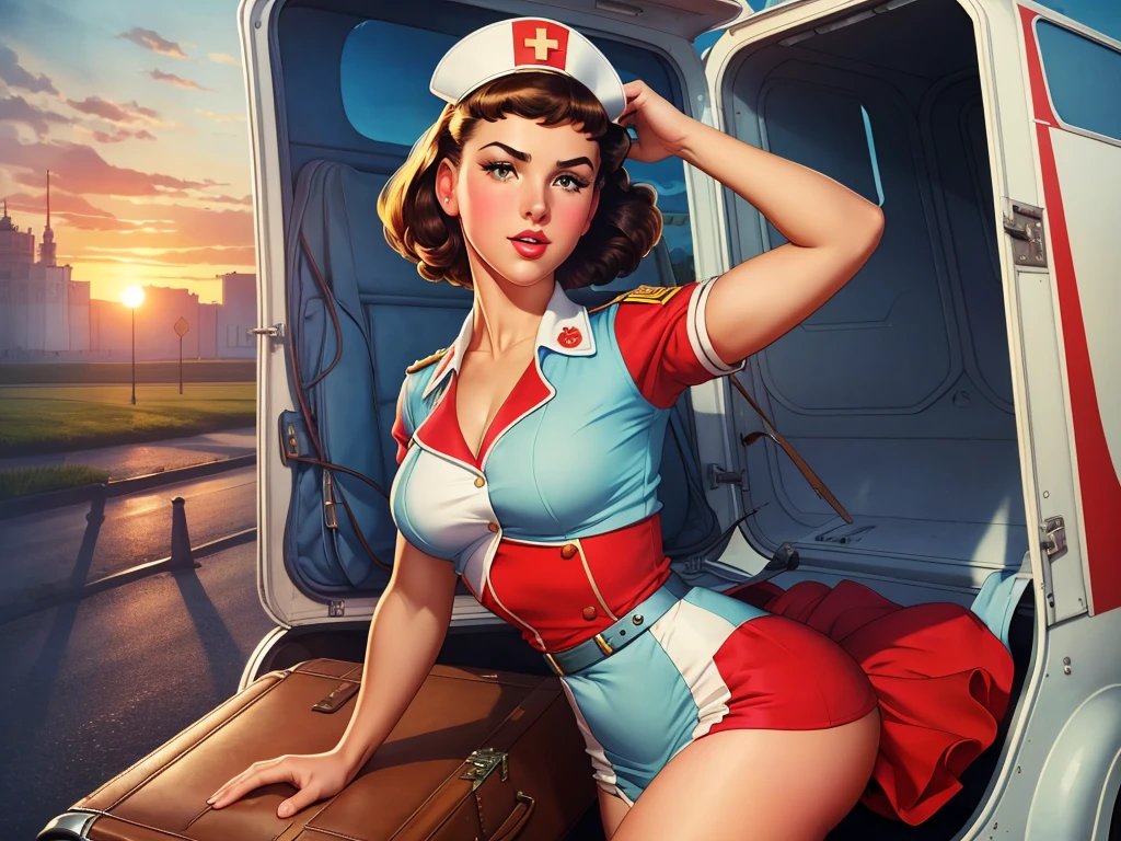 (isabelmoner-smf, dora: 0.9), (ussr: 1.2), Romantic In a nurse's uniform, on a suitcase Evening sunset, Soviet satirical poster , in the style of Pin Up, higly detailed, Complicated details, Gil Elvgren's style, Artgerm and Gil Elvgren,Colorful pin-up art, Gill Elvgren, (realist in the style of David Barnett · Newton Hellmuth · Yuriy Arkurs ), vintage, 50 mm