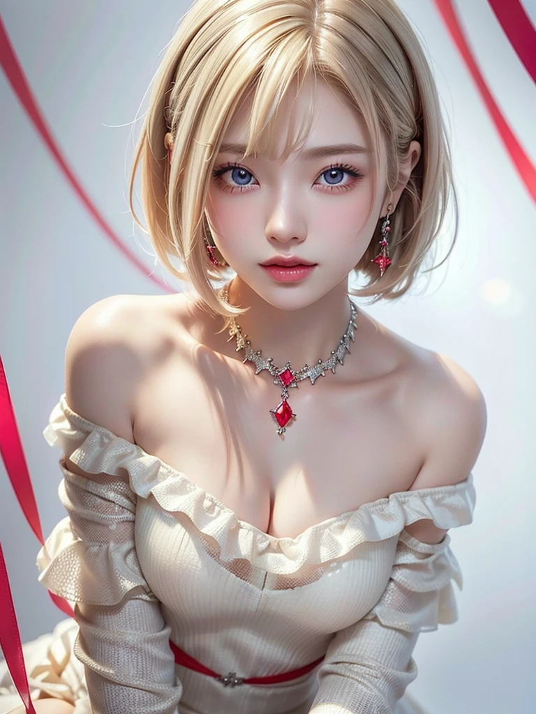 8k,Confused, High resolution, Very detailed, 1 girl, alone, Very beautiful eyes, Ultra-precise depiction, Artistic、Very detailed depiction, (Tangled:1.2), , (White high key background:1.5), (((Red off-shoulder dress 1.5))), 、 short hair、Earrings and Necklaces、Platinum Blonde Hair, (Glowing Skin), Many colors, , (Shooting from above:1.2),、Flat Body、slim、cute、、Round face、Cast a Shadow、、Smile 1.3