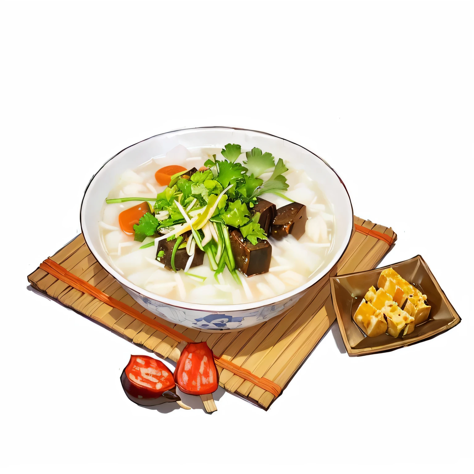 There is a bowl of soup on the mat，There are vegetables and chopsticks inside, Map tofu cartoon, Hyper-realistic food pictures, Black person, Pan Renwei Style, Inspired by Chen Tingpo, daopao, Anime Food, ❤🔥🍄🌪, gujian, Produced in collaboration with Anime Painter Studio, [ The art of math ]!!
