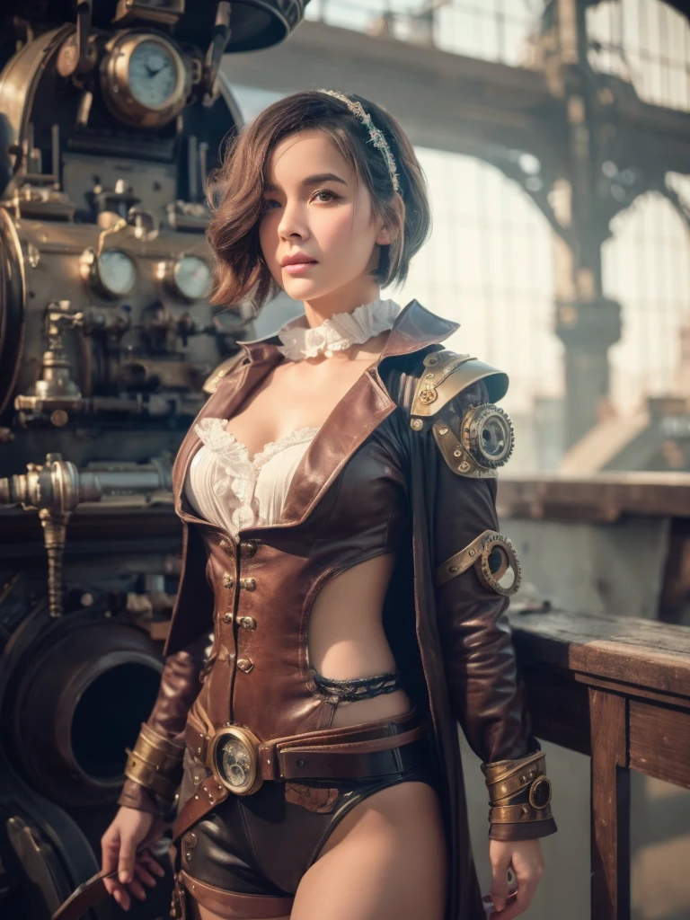 1 girl, eflective,there is a woman in a steam punk outfit posing for a picture,Full Body, steampunk fantasy style, steampunk girl, steampunk inventor girl, sci-fi steampunk, dieselpunk art style, steampunk pin-up girl, captivating and graceful, (realistic detailed eyes, natural skin texture, innocent expresion), intricate details, soft and dreamy lighting, pastel color palette, shallow depth of field, highly detailed, hyper-realistic, medium-format film camera, blurred background., bob cut、bob hair、short hair, japanese