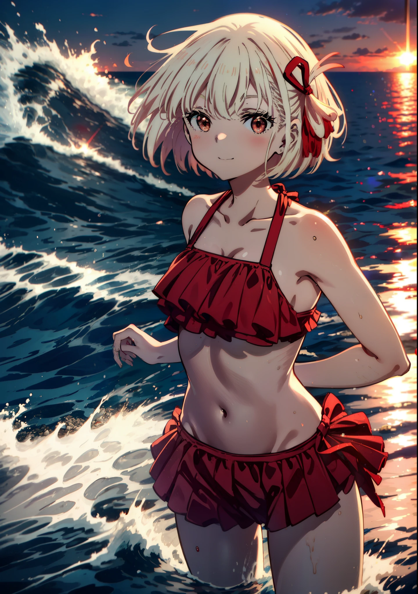 chisato nishikigi, short hair, bangs, Blonde, smile,(Red eyes:1.5),hair ribbon, One side up, Bobcut,smile,Red frilly bikini swimsuit,barefoot,Wet Skin,Wet swimsuit,Wet Hair,Water Play,evening,sunset,The sun is setting,Calm waves,
break outdoors,Beach,海
break looking at viewer, whole body,(Cowboy Shot:1. 5)
break (masterpiece:1.2), Highest quality, High resolution, unity 8k wallpaper, (figure:0.8), (Beautiful attention to detail:1.6), Highly detailed face, Perfect lighting, Highly detailed CG, (Perfect hands, Perfect Anatomy),