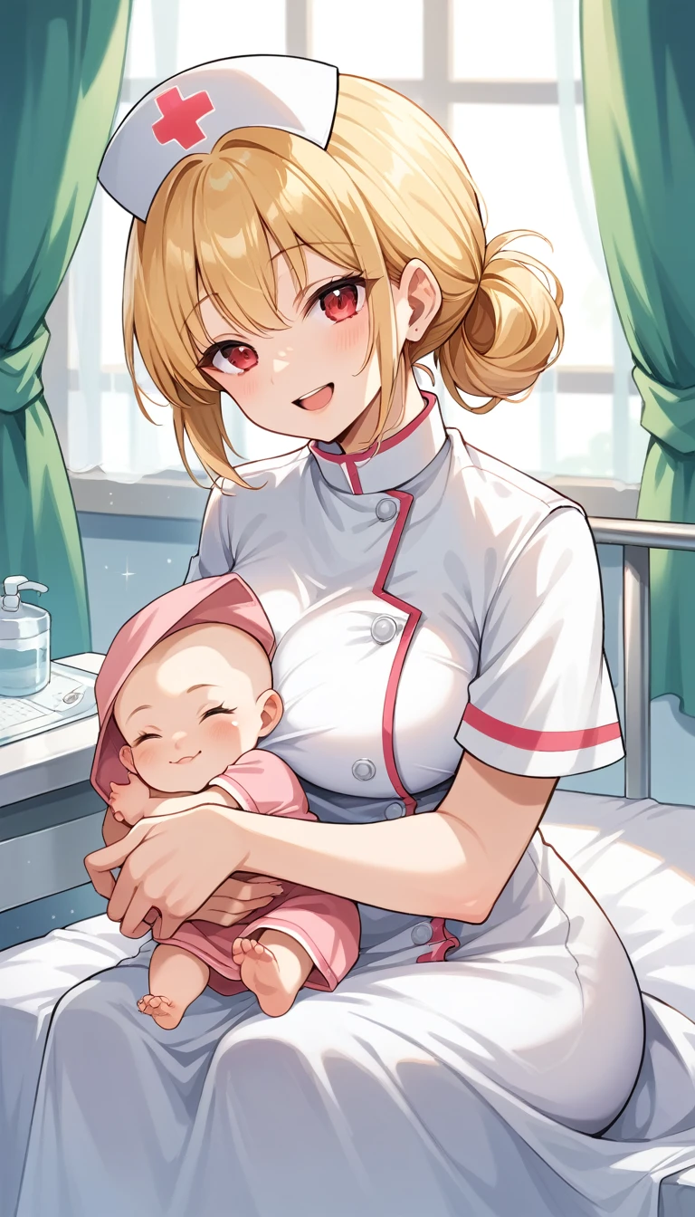 score_9, score_8_up, score_7_up, score_6_up, 1girl, nurse, nurse outfit, smile, red eyes, happy BREAK carrying baby, cradling a baby, baby wrapped in blanket, baby has closed eyes, 