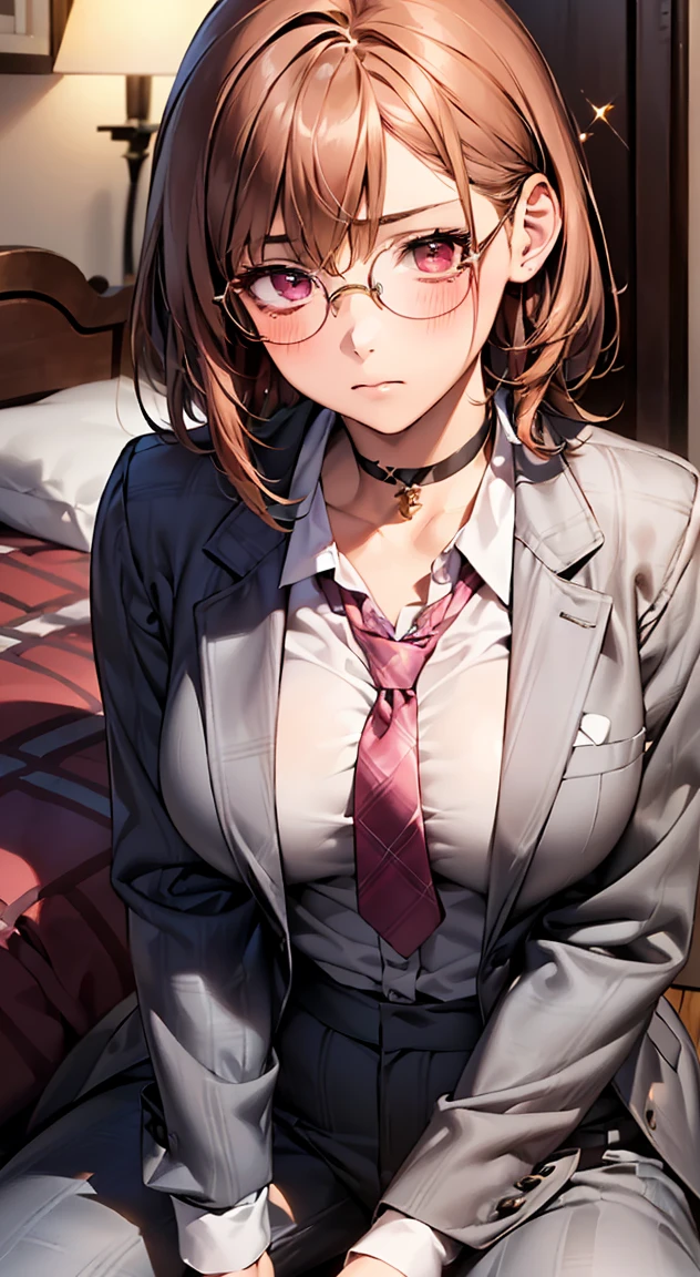 (Highest quality)),(超High resolution),(Very detailed),(Detailed Description),((The best CG)),(masterpiece),Ultra-detailed art、(Highest quality、8k、32K、masterpiece)、(Realistic)、(Realistic:1.2)、(High resolution)、Very detailed、とてもBeautiful Faceと目、1 female、Tight waist、Delicate body、(Highest quality、Attention to detail、Rich skin detail)、(Highest quality、8k、Oil paints:1.2)、Very detailed、(Realistic、Realistic:1.37)、Bright colors、 (((1 boy, A boy is grabbing a girl&#39;s breasts from behind:1.9))), (Raise the hand), 
Looking at the audience, whole body, Front view:0.6, 
1 female, Japanese, (Sparkling pink eyes:1.3), high school girl, ((Medium Hair:1.5, Light brown hair)), Hair fluttering, bangs, Hair between the eyes, Big Breasts:0.8, 
Beautiful Hair, Beautiful Face, Beautiful and detailed, Beautiful clavicle, (Chubby body type:1.5), Beautiful breasts, Beautiful thighs, Beautiful legs, Beautiful fingers, 
(In a luxury hotel room) ,
((White shirt , Grey checked jacket and pants)), (Blue plaid tie, Round Glasses, choker), (please put your hand on your chest, Place your hands between your legs), blush