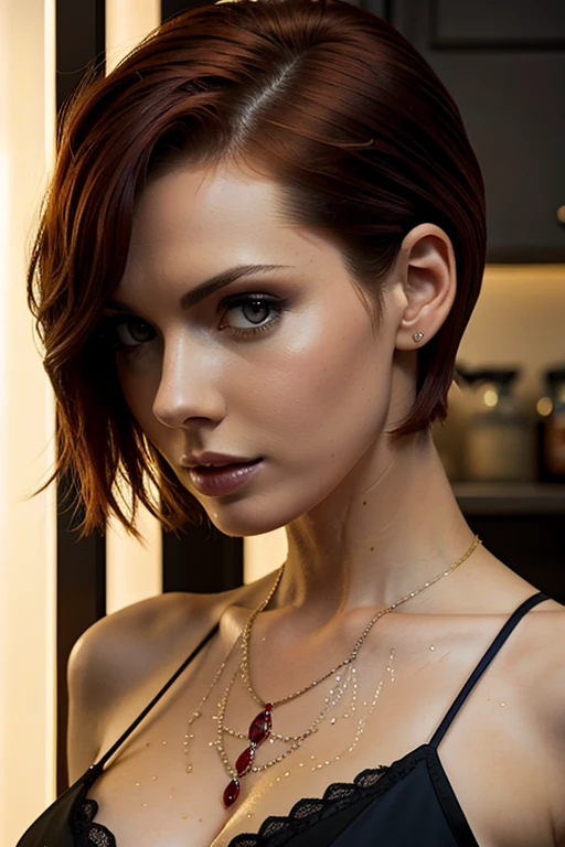 Gorgeous european woman with short hair, short hair, wet hair, hair slicked back, combed straight back, slick hair, streaked auburn hair, seductive pose, karen gillan, dressed as ruby roundhouse, cleavage, solid dark grey background