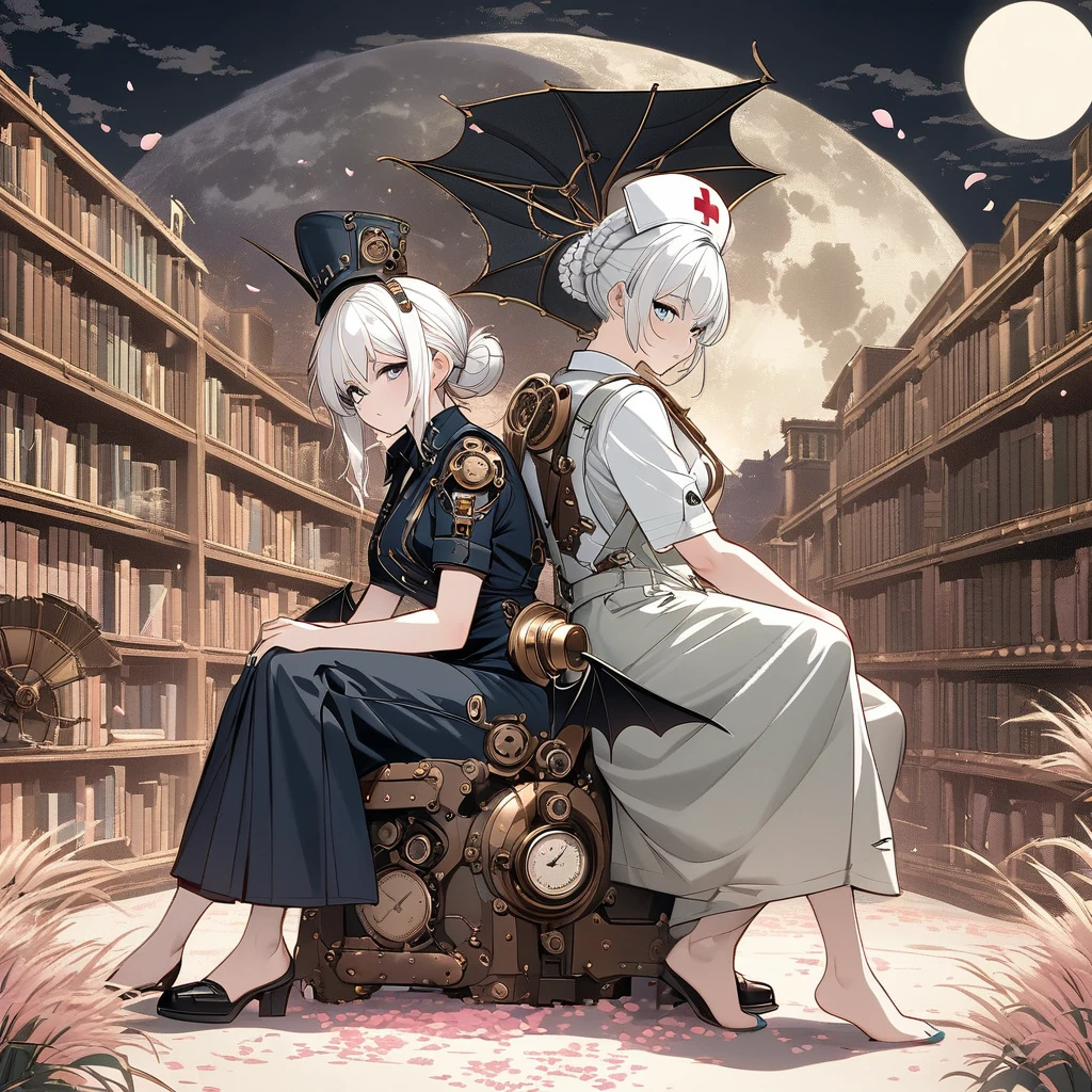 Steampunk, , Nurse, Goatee, Shadowed side, Braided Bun, Nail polish, Overalls, No socks, Bat Wings, Hug your legs, Back to Back, library, (Line Art), Beautiful and detailed Pampas grass fields, Open hakama, Surrounded by floating cherry blossoms, Full Moon, Beautiful and detailed dark midnight sky, Messy white hair