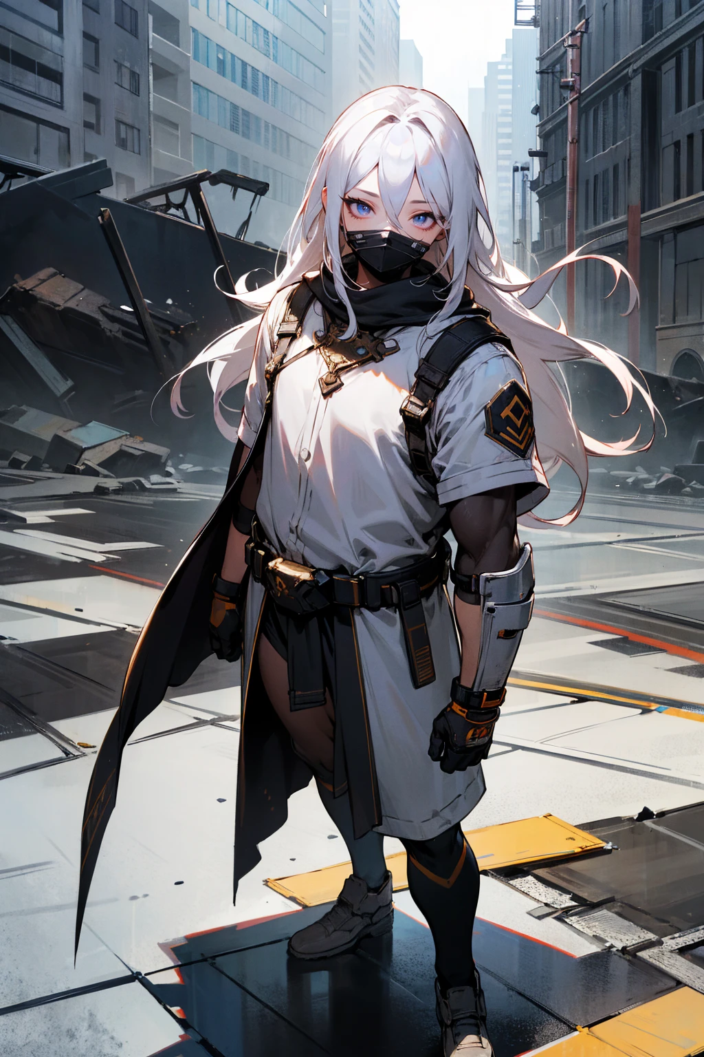Masterpiece Quality, Perfect Generation, Sclera, Detailed Eyes, Skin, Hair, Muscular, Clothing, Expression, , Apocalypse Background, Full Body, Skin, , , , facing viewer, Standing Outside, Clothed, , Eyes, hair, , hair, hair, , Ruined City Background, , face masked