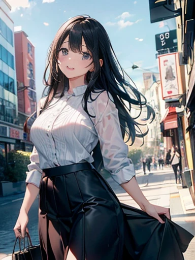 (8k、Highest quality、masterpiece:1.2)、(Realistic、Photorealistic:1.2)、Holiday Afternoon、 Enjoying shopping、Beautiful sky、Staring at the audience、Laughter、Big ample breasts、Beautiful and beautiful eyes、Long black hair、Different hair lengths、exterior々Eye color、 Casual wear、Fashionable clothes、skirt