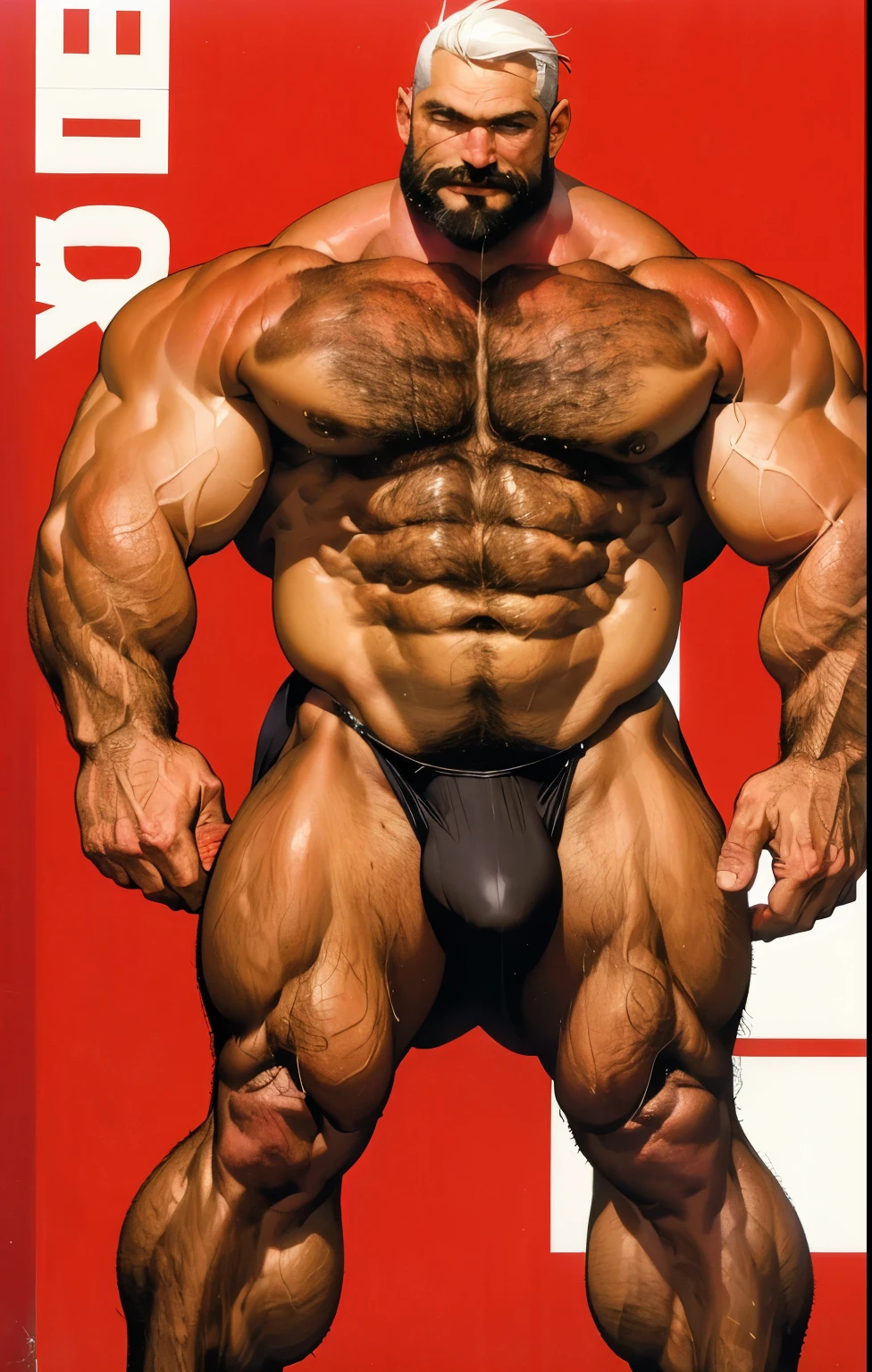 Just muscular old man, extremely thick thighs, large belly, standing alone, 1 truck driver, (Huge muscular old man like boxer , wearing a , and regatta) (shorth hair, 2 tone hair color, two tone hair colors, Red and white hair color), breastplate, abnormal muscle size, very large muscle, absurdly muscular size, huge pectorals, short white hair, short bearded, simple background, work of art, highy detailed, 8k, high resolution, --style 250, -- at 6.0