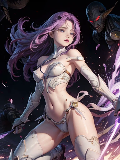 Highest quality、rape、Captured by mutants、Surrounded by mutants、defeat、Beautiful woman with very long purple hair、White Armor（Medium breast、Off the shoulder、No sleeve、No elbow pads、Belly button、High Leg、Exposed thighs）、White Armorのブーツ、Tears overflow、Frightened expression、Fleeing 1:5、Attacked by mutants 1:5、Many violent mutants 1:5、The mutant grabs the woman&#39;s arm.　Mutant attacks from behind、Mutant grabs leg、Mutant Swarm 1:5、darkness、another world、Dark fantasy、Pitch black hell