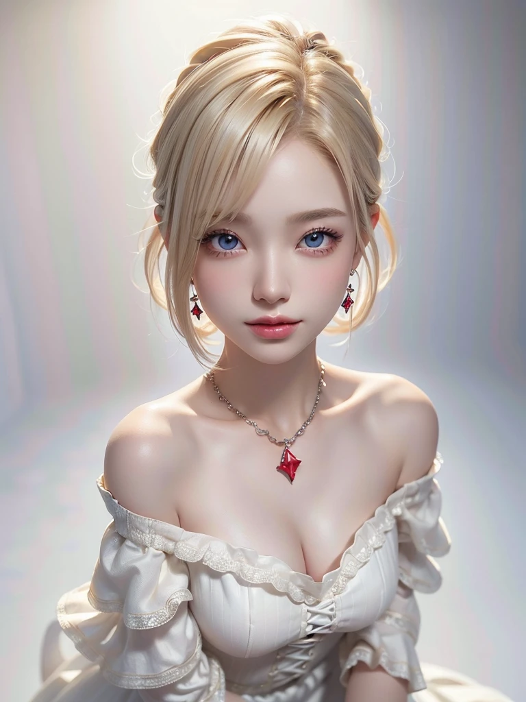 8k,Confused, High resolution, Very detailed, 1 girl, alone, Very beautiful eyes, Ultra-precise depiction, Artistic、Very detailed depiction, (Tangled:1.2), , (White high key background:1.5), (((Red off-shoulder dress 1.5))), 、 short hair、Earrings and Necklaces、Platinum Blonde Hair, (Glowing Skin), Many colors, , (Shooting from above:1.2),、Flat Body、slim、cute、、Round face、Cast a Shadow、、Smile 1.3