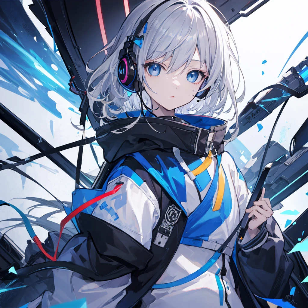 (masterpiece,Highest quality,Anime Style,atmosphere,More Information,CG rendering,Character portrait,Ray Tracing)((juvenile、juvenile、Shota、Solo))、Gray Hair、Blue Eyes、Blue and white gradient、Jacket、headphone、candy