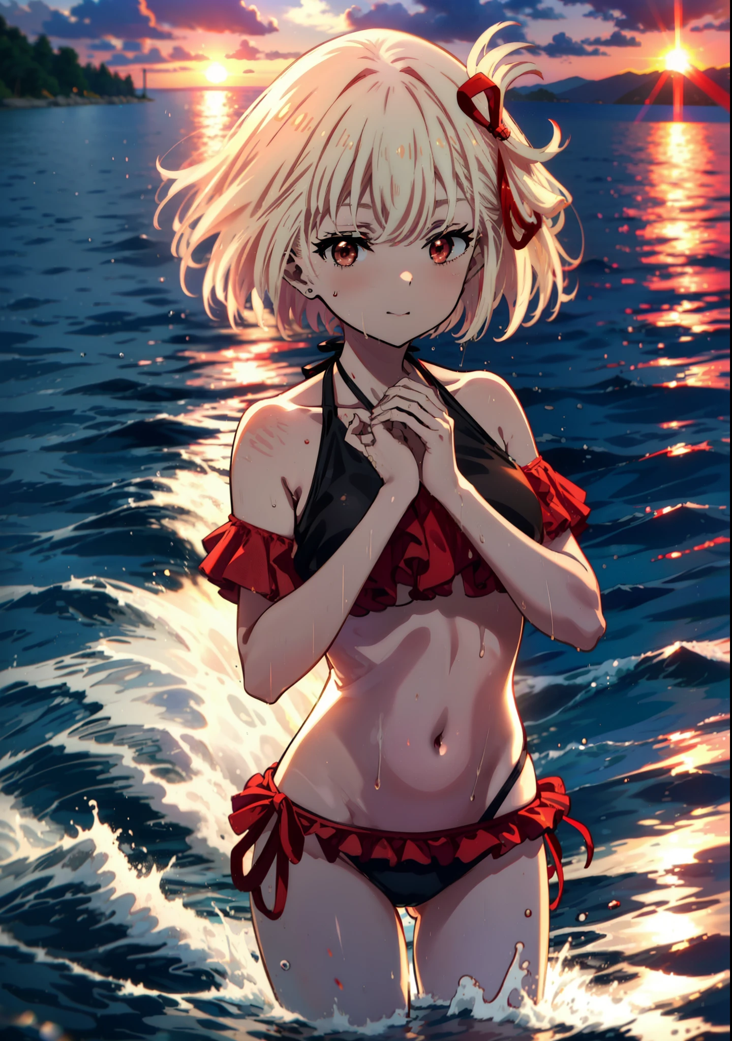  chisato nishikigi, short hair, bangs, Blonde, smile,(Red eyes:1.5),hair ribbon, One side up, Bobcut,smile,Open your mouth,Red frilly bikini swimsuit,barefoot,Wet Skin,Wet swimsuit,Wet Hair,Water Play,evening,sunset,The sun is setting,Calm waves,
break outdoors,Beach,海
break looking at viewer, whole body,(Cowboy Shot:1. 5)
break (masterpiece:1.2), Highest quality, High resolution, unity 8k wallpaper, (figure:0.8), (Beautiful attention to detail:1.6), Highly detailed face, Perfect lighting, Highly detailed CG, (Perfect hands, Perfect Anatomy),