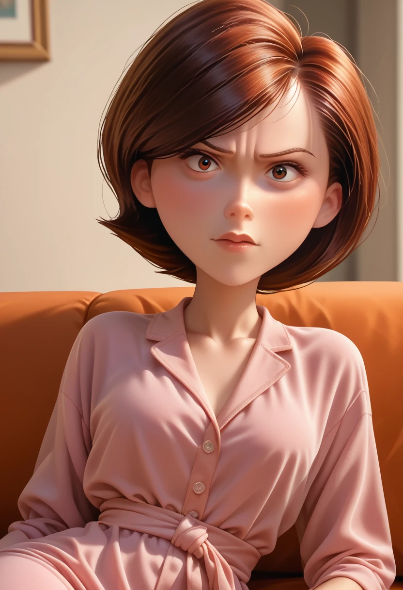 score_9, score_8_up, score_7_up, score_6_up, score_5_up, score_4_up, rating_questionable, 1girl, Hel_enParr, on a couch, seductive look, short hair, dark red hair, big hips, blouse