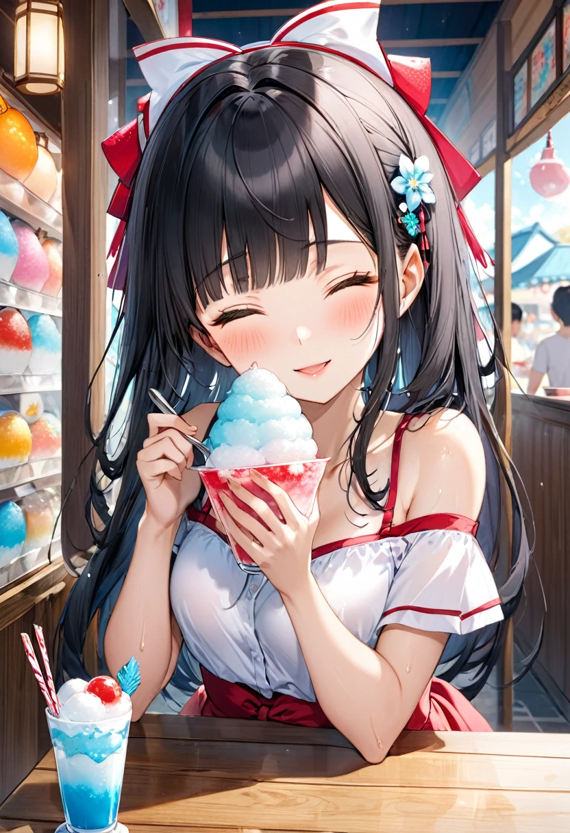 (sweaty skin style), (solo:2, 15 yo), (beautiful detailed blunt bangs:1.3), (beautiful detailed black hair long hair) (best beauty shrine maiden girl, sexy closed eyes, glossy lip, best sexy smile:1.1), in a cute Off-the-shoulder camisole dress, break, in the japanese Shaved Ice Shop, girl is eating shaved Ice, While using a spoon, BREAK, perfect anatomy, masterpiece, best quality, 16k, beautiful detailed summer, daydreaming expression.
