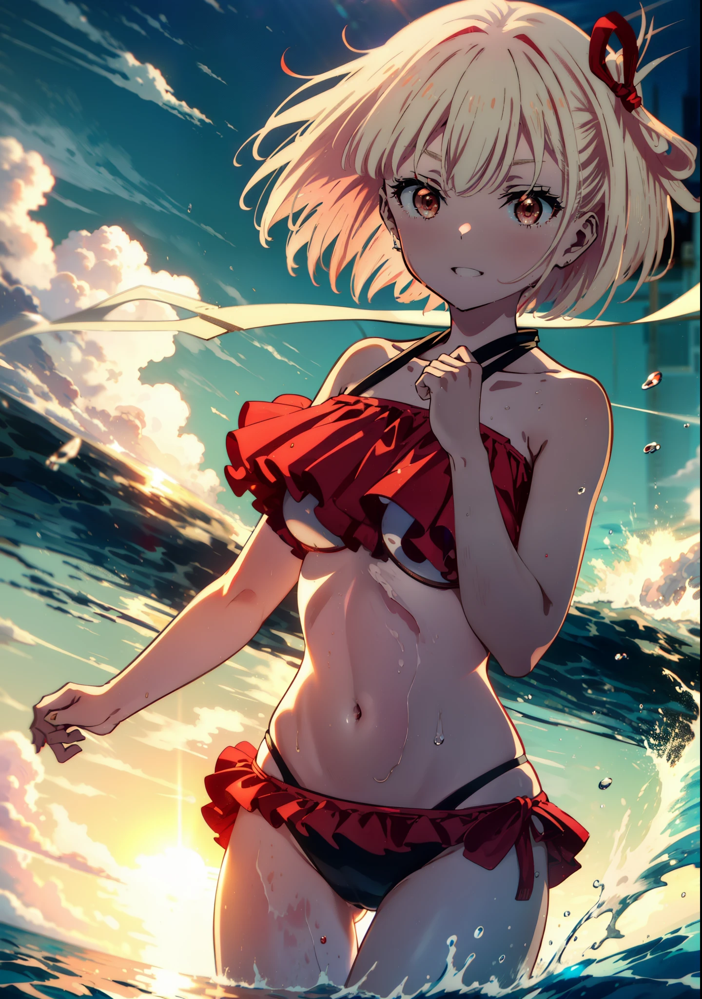  chisato nishikigi, short hair, bangs, Blonde, smile,(Red eyes:1.5),hair ribbon, One side up, Bobcut,smile,Open your mouth,Red frilly bikini swimsuit,barefoot,Wet Skin,Wet swimsuit,Wet Hair,Water Play,evening,sunset,The sun is setting,Calm waves,
break outdoors,Beach,海
break looking at viewer, whole body,(Cowboy Shot:1. 5)
break (masterpiece:1.2), Highest quality, High resolution, unity 8k wallpaper, (figure:0.8), (Beautiful attention to detail:1.6), Highly detailed face, Perfect lighting, Highly detailed CG, (Perfect hands, Perfect Anatomy),