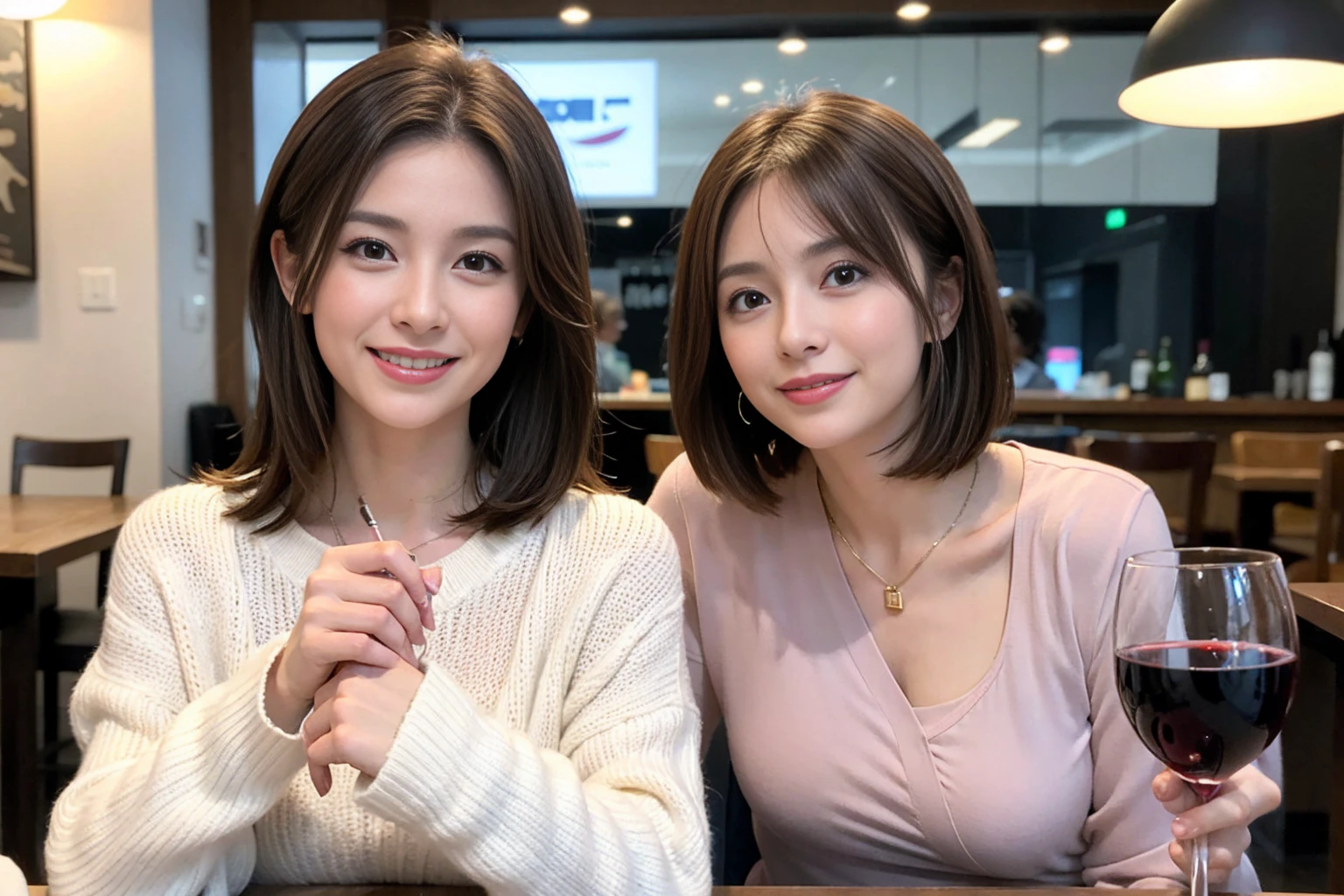 （Realistic:1.1）,(masterpiece,Highest quality)，8k,(44 years old), 42 years old, slimカップル、Model Couple、actress/actor、Tight waist,Upper Body,full-course dinner、wine 、Amazing view of the sunset sky and clouds、Perfect Anatomy, Brown Hair, short hair,Random Hairstyles,((Highly detailed face and eyes:1.2))(cute顔:1.4)，美しいactressの顔，Perfect golden ratio face，Long sleeve shirt、dress,(smile:1.2)、Shortcuts、cute、(Realistic, Intricate details:1.2), A bright smile、short hair,Bright Face、赤wine 、Appetizers、Italian food、wine bottle、Champagne、スパークリングwine、(slimな顔), (The body is slim), (Brown Hair), (Shortcuts),  Upper Body, 白wine, slim, wineグラス, 