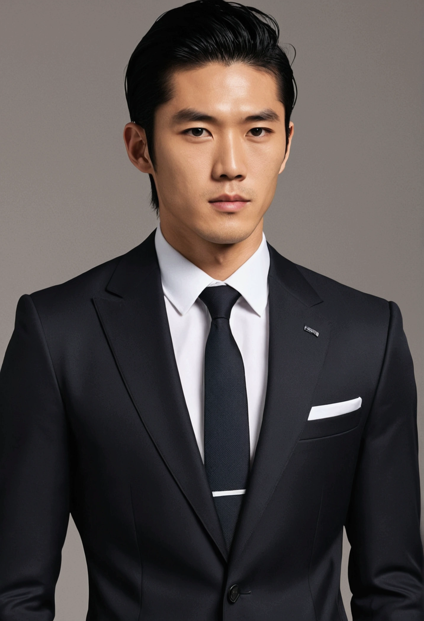 An attractive 27-year-old athlete,Medium length black hair,Wearing a Hugo Boss suit、Japanese、Handsome、Early Showa period