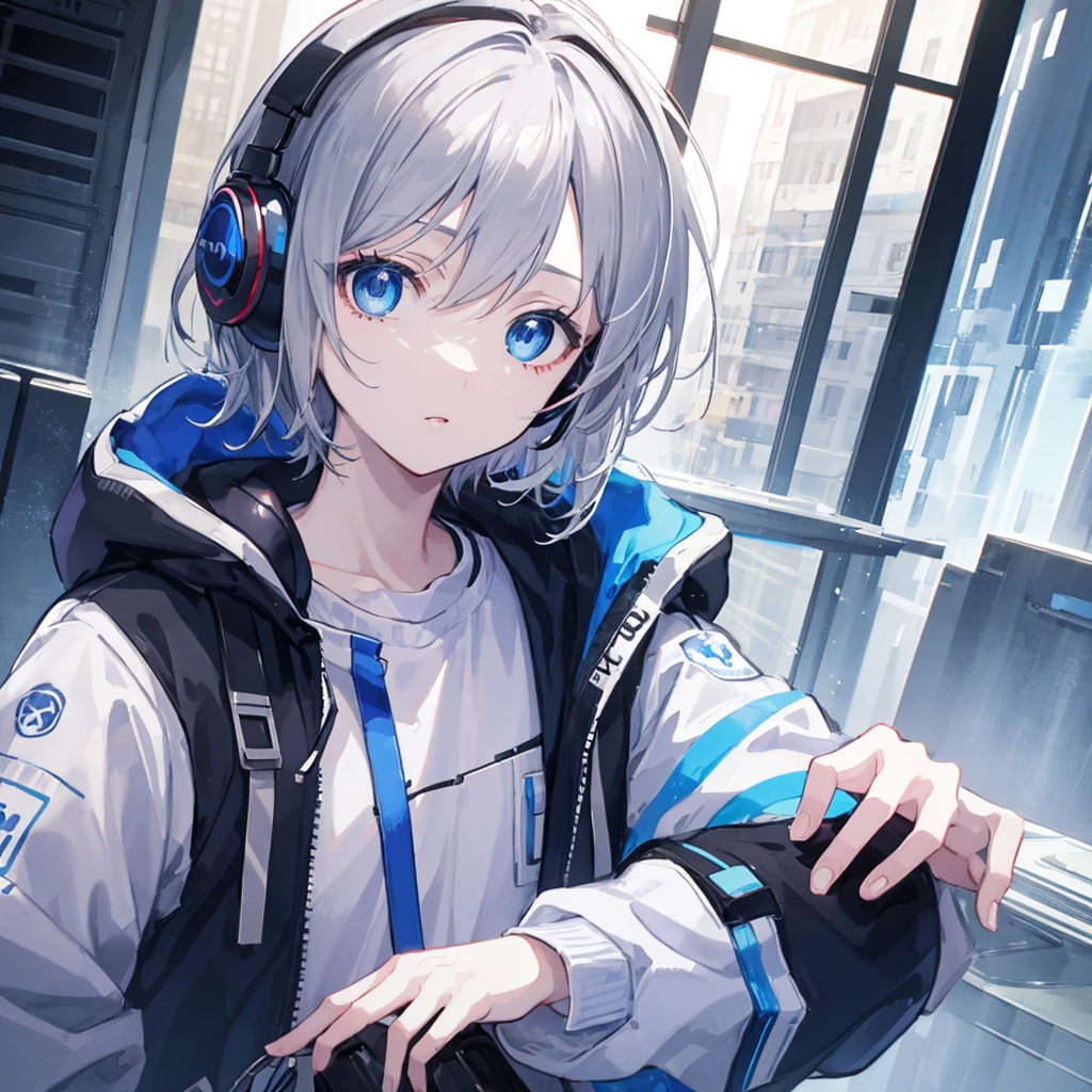 (masterpiece,Highest quality,Anime Style,atmosphere,More Information,CG rendering,Character portrait,Ray Tracing)((juvenile、juvenile、Shota、Solo))、Gray Hair、Blue Eyes、Blue and white gradient、Jacket、headphone、candy