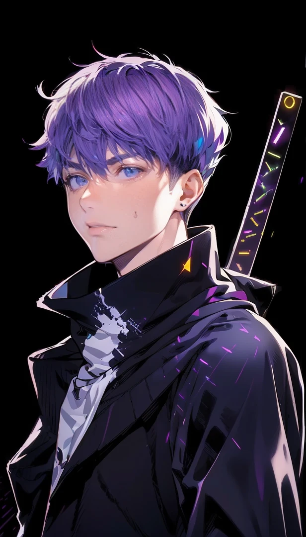 realistic,shiny,reflective,bioluminic, galactic cybernetic mask,mecha,(assassin:1.2),((((scarf,long cloak)))),sh4g0d,GlowingRunes_red,fullbody,cinemnatic,dark background,backlight,high contrast, ((Yellow and Purple eyes)) ((Purple Hair))