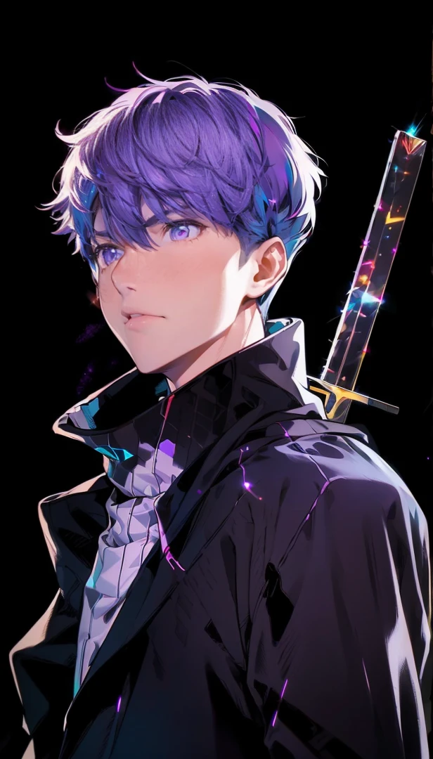 realistic,shiny,reflective,bioluminic, galactic cybernetic mask,mecha,(assassin:1.2),((((scarf,long cloak)))),sh4g0d,GlowingRunes_red,fullbody,cinemnatic,dark background,backlight,high contrast, ((Yellow and Purple eyes)) ((Purple Hair))