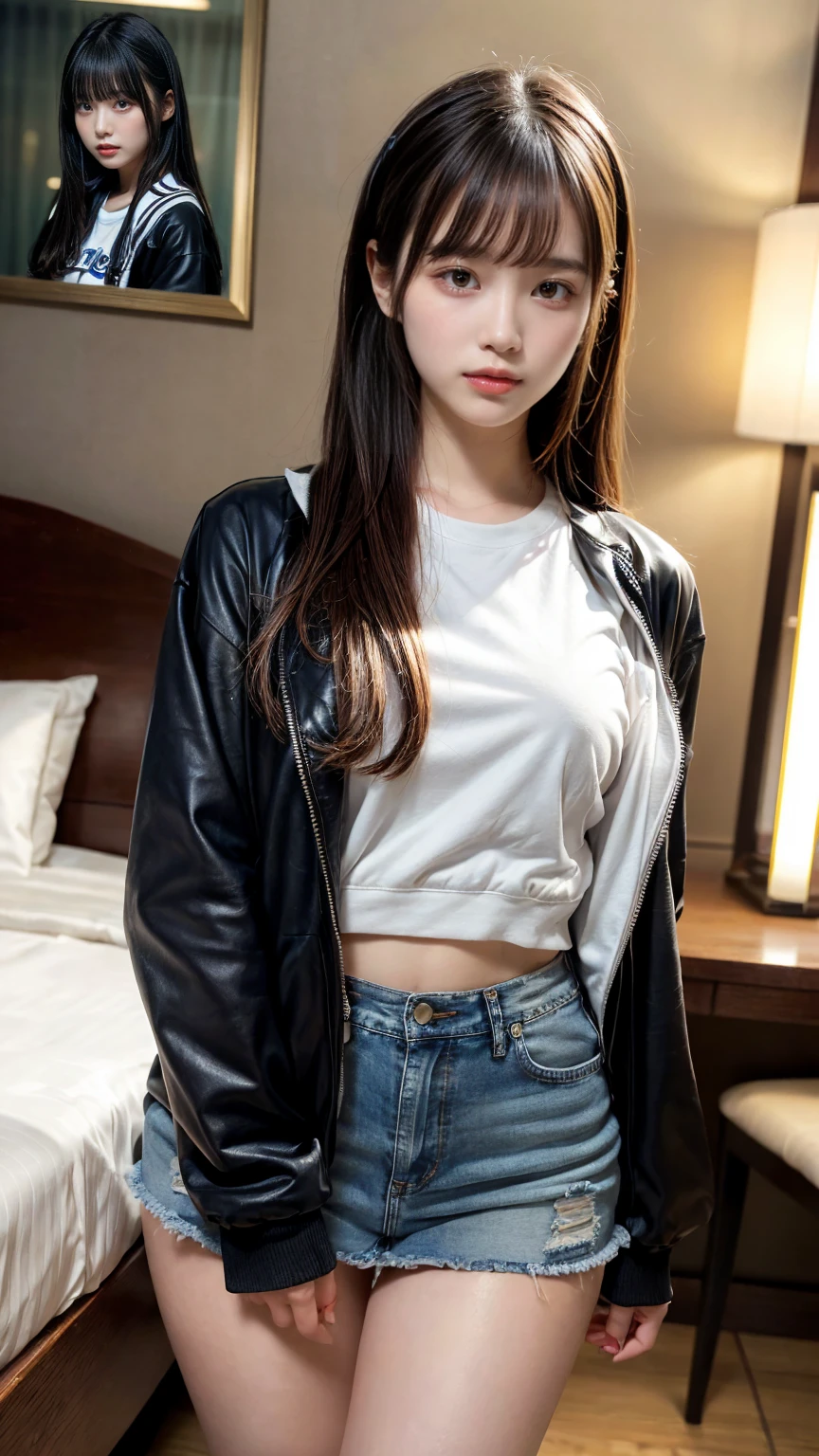 muste piece, best quality, illustration, Super detailed, fine details, High resolution, 8K,wall paper, perfect dynamic composition,(Details High quality, realistic depiction of eyes:1.3), (Fashionable, Baseball Jacket, Oversized T-shirt, a denim miniskirt), (underboob),long straight hair, black hair color, Big Natural Color Lip, crying a little、cold gaze, Harajuku style、20 year old girl、cute type、lolita、beautiful legs, hotel room, Gravure Idol, Voluptuous thighs, (woman on top, straddling, sittings)