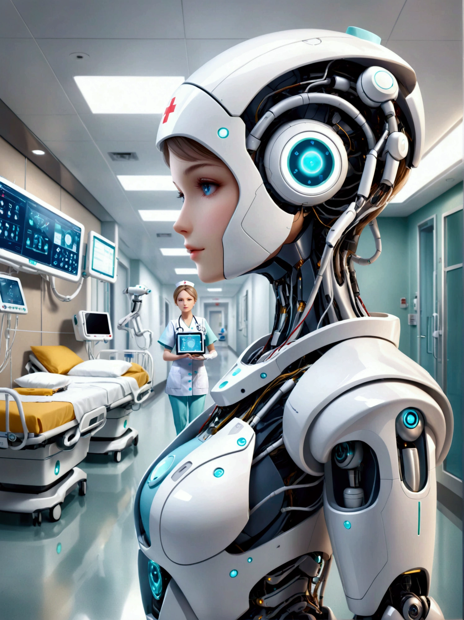 An image depicting a robotic nurse of Caucasian descent doing her duties in a typical American hospital. The robot has sleek metallic components, an advanced touchscreen interface for patient interaction, and manipulative arms to assist in a variety of tasks like administering medication, arranging beddings, and managing medical equipment. The background features common American hospital details like clean white corridors, signage in English, and various medical equipments. Even though this is a robotic figure, still she possesses a sense of empathy and dedication which are inherent traits in nursing.