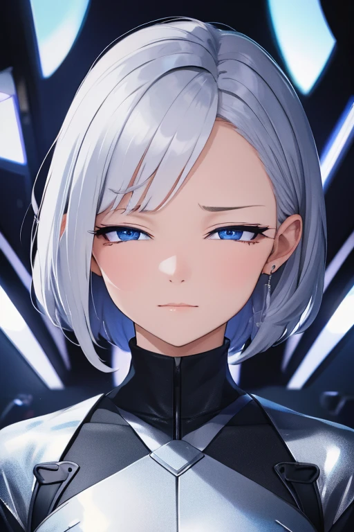 A woman with silver bob hair and blue eyes, her eyes are condescendingly, She is crying. She is shedding large tears. extremely detailed and realistic, masterpiece quality, ultra-detailed, HDR, studio lighting, vivid colors, physically-based rendering, Looking at the sky facing the other way