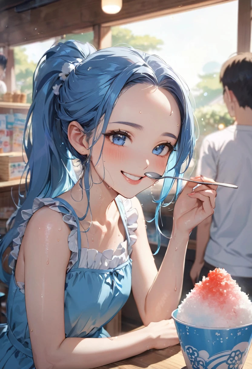 (sweaty skin style), (solo:2, 15 yo), (beautiful forehead:1.3), ponytail (beautiful detailed blue hair, long hair) (beautiful girl, cool beautiful blue eyes, glossy lip, best happy smile:1.1, small tits), in a Layered frills cute blue one piece dress, break, in the japanese Shaved Ice Shop, girl is eating shaved Ice, While using a spoon, BREAK, perfect anatomy, masterpiece, best quality, 16k, beautiful detailed summer, daydreaming expression.
