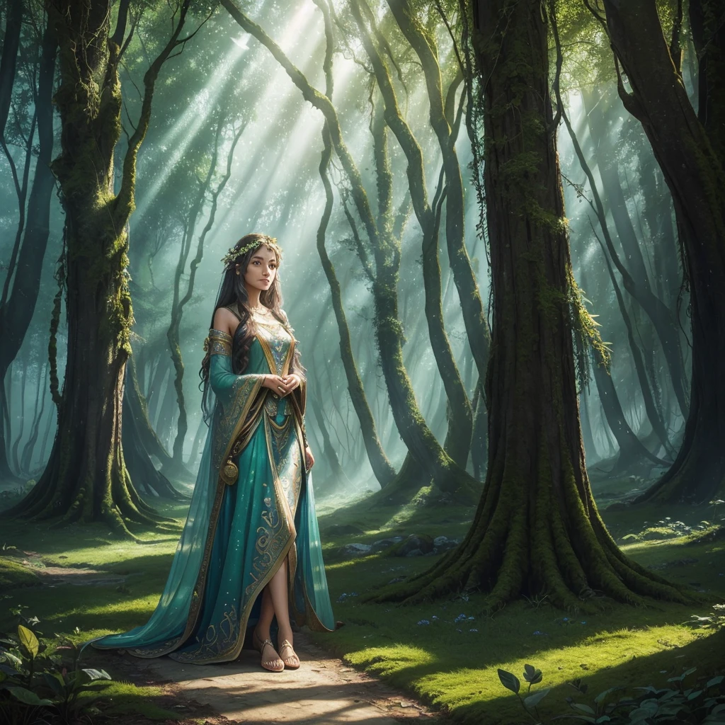 girl, solo, (fantasy art:1.4), fantastic, poster, portrait, standing in an enchanted forest, magical forest, magic light, fairies, surrounded by ancient trees with emerald, silver, and golden leaves, bioluminescent moss and flowers on the ground, mystical light beams filtering through the canopy, faint mist and whispering wind, small glowing fairies flying around, ethereal atmosphere, soft, radiant skin, flowing hair, detailed facial features, magical and serene expression, intricate and colorful attire, enchanted spring in the background, ancient stone pillars with magical runes, majestic light tree at the center