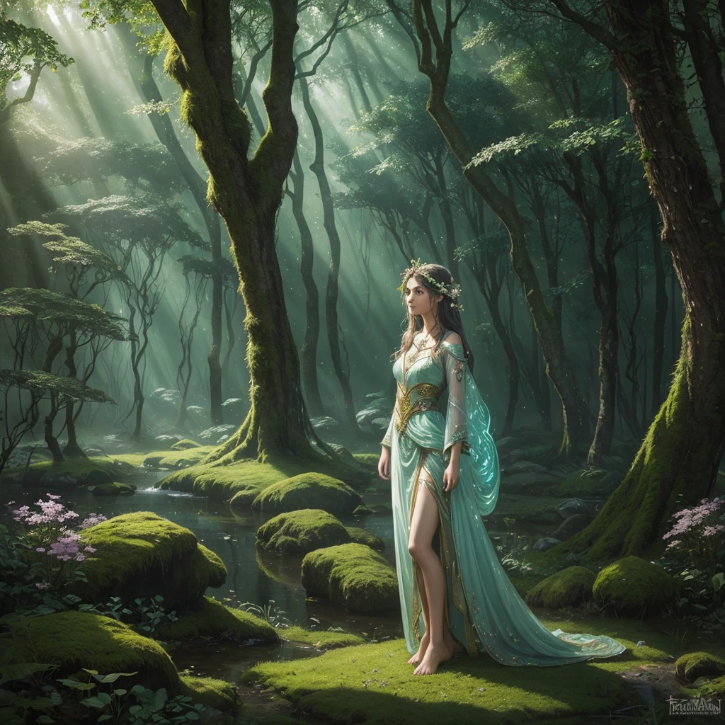 girl, solo, (fantasy art:1.4), fantastic, poster, portrait, standing in an enchanted forest, magical forest, magic light, fairies, surrounded by ancient trees with emerald, silver, and golden leaves, bioluminescent moss and flowers on the ground, mystical light beams filtering through the canopy, faint mist and whispering wind, small glowing fairies flying around, ethereal atmosphere, soft, radiant skin, flowing hair, detailed facial features, magical and serene expression, intricate and colorful attire, enchanted spring in the background, ancient stone pillars with magical runes, majestic light tree at the center