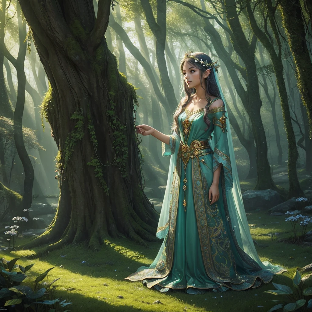 girl, solo, (fantasy art:1.4), fantastic, poster, portrait, standing in an enchanted forest, magical forest, magic light, fairies, surrounded by ancient trees with emerald, silver, and golden leaves, bioluminescent moss and flowers on the ground, mystical light beams filtering through the canopy, faint mist and whispering wind, small glowing fairies flying around, ethereal atmosphere, soft, radiant skin, flowing hair, detailed facial features, magical and serene expression, intricate and colorful attire, enchanted spring in the background, ancient stone pillars with magical runes, majestic light tree at the center