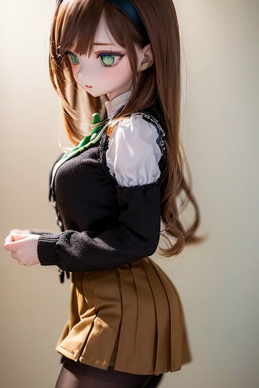(SFW:2), photorealistic, realistic photo, 8k, ((highest quality)), ((masterpiece)), (extremely detailed), kukolnydom, doll, (mature woman, 22yo, 22 years old, solo:1.6), ((profile, from side, standing, slim, slender, skinny, medium breasts, hairband, ascot, vest, blouse, long puff sleeves, pleated skirt, black pantyhose)), (green eyes, brown hair, long hair, plastic skin, looking at another, glass eyes, gradient eyes, shining eyes, detailed eyes:1.3)