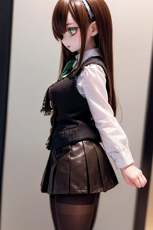 (SFW:2), photorealistic, realistic photo, 8k, ((highest quality)), ((masterpiece)), (extremely detailed), kukolnydom, doll, (mature woman, 22yo, 22 years old, solo:1.6), ((profile, from side, standing, slim, slender, skinny, medium breasts, hairband, ascot, vest, blouse, long puff sleeves, pleated skirt, black pantyhose)), (green eyes, brown hair, long hair, plastic skin, looking at another, glass eyes, gradient eyes, shining eyes, detailed eyes:1.3)