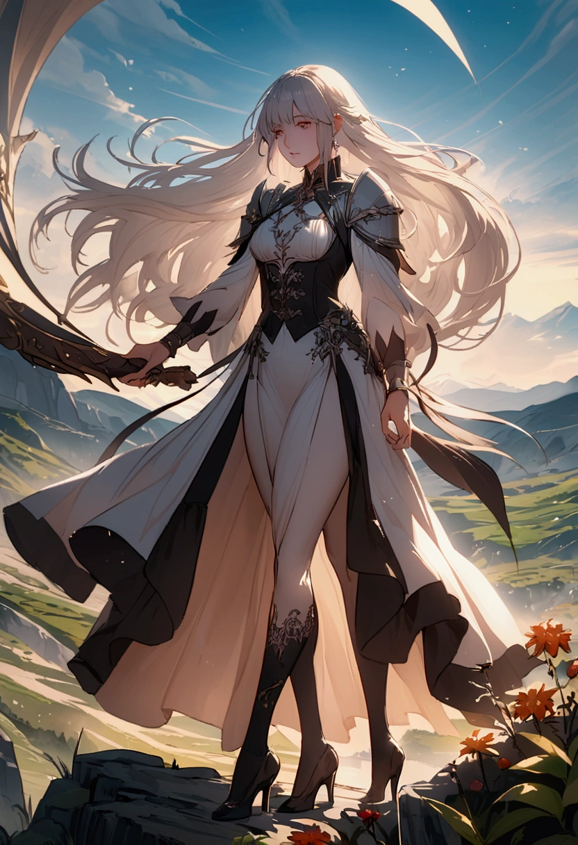 Sabre,Long hair,,High heel。Handsome,woman,The background is a valley