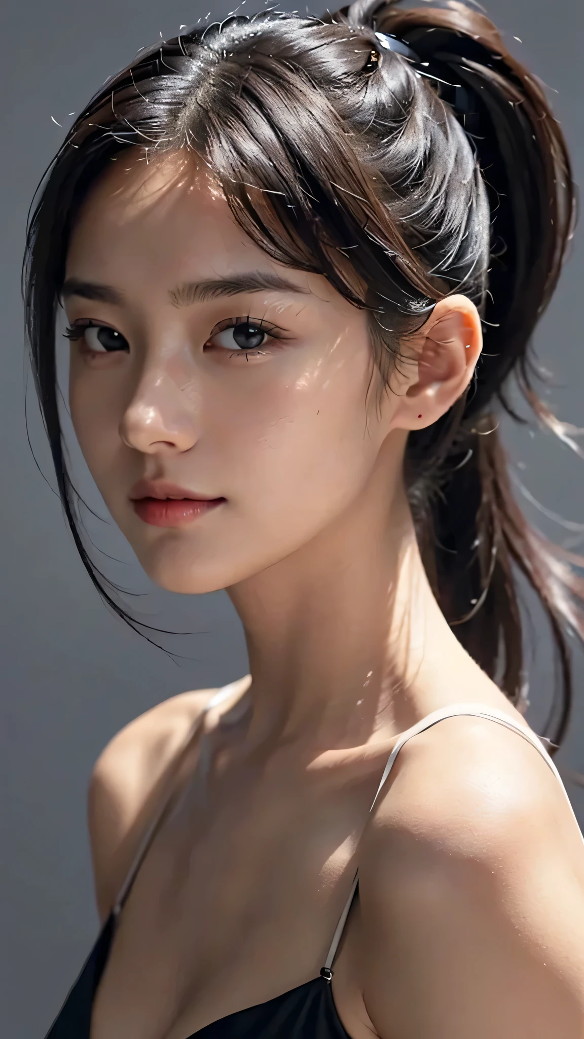 Commercials for luxury cosmetics style,Commercial filming studio,The background is all gray,Body in front,close up face,fully body photo,masutepiece, The highest image quality, High quality, the background is clear,Beautiful woman, Japanese, Detailed, Ultra-detailed, finely detail, hight resolution, 8K Wallpaper, Perfect dynamic composition, Beautiful detailed eyes ,Detailed eyes, Detailed skin, Beautiful skin, 超hight resolution, (reality: 1.4),Very beautiful woman, Slightly younger face, Beautiful skin, slender, (Ultra photo realsisim), (hight resolution), (8K), (Very detailed) (beautifully detailed eyes), (super detailed), (Detailed face), view the viewer, Fine details, Detailed face, Staring straight ahead, Staring straight ahead, photos realistic, Bright lighting, Professional Lighting, Black hair,poneyTail,a baby face,sixteen years old,Hairstyle: ponytail,Long ponytail hairstyle,slight smile,