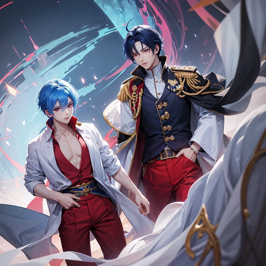 A prince with shiny blue hair and bright blood red eyes. Wearing a short shirt and long pants, the emperor