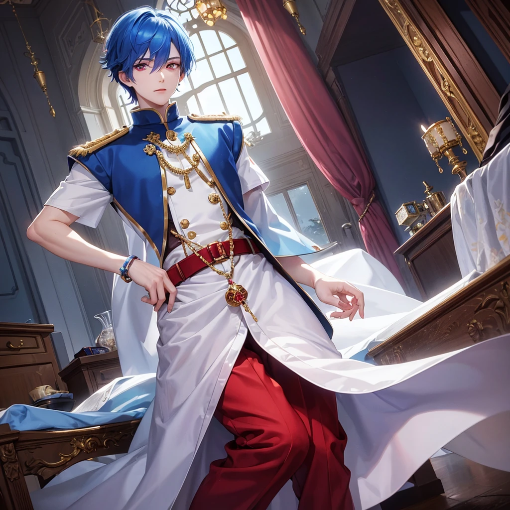 A prince with shiny blue hair and bright blood red eyes. Wearing a short shirt and long pants, the emperor