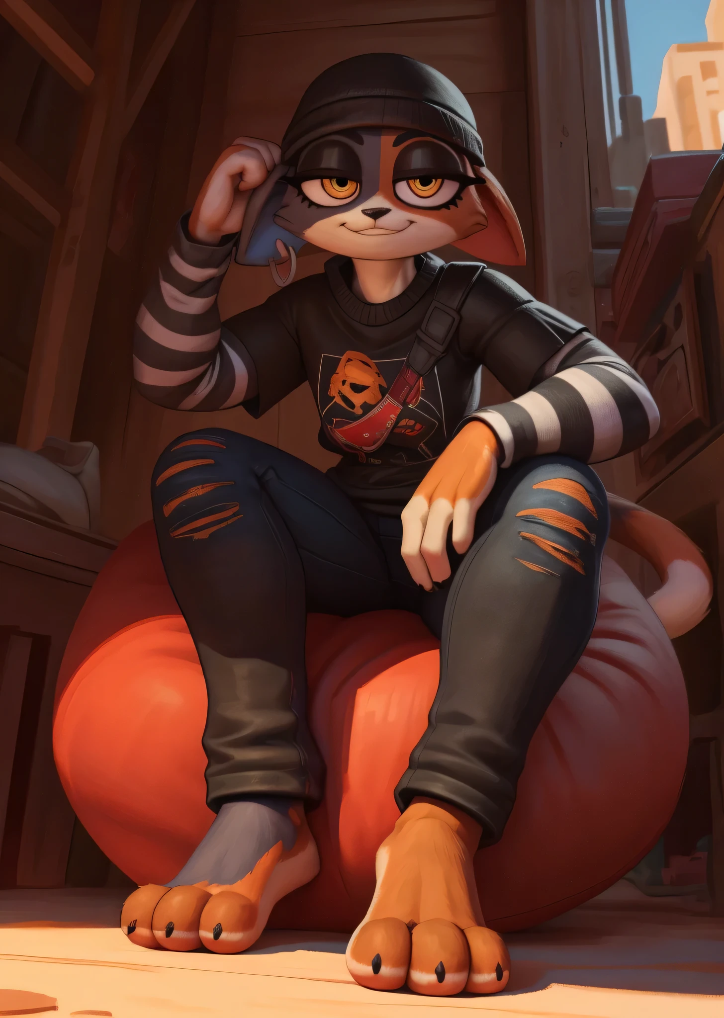 [meow skulls], [Uploaded to e621.net; (Pixelsketcher), (wamudraws)], ((masterpiece)), ((HD)), ((high res)), ((solo portrait)), ((low angle view)), ((feet visible)), ((detailed fur)), ((detailed shading)), ((beautiful render art)), {anthro cat; (black and orange fur), (two toned fur), (black fur on left leg), (orange fur on right leg), (black nose), (droopy cat ears), (cute yellow eyes), (short eyelashes), (long cat tail), (defined muscles), (toned figure), (curvy hips), (beautiful legs), (cute feet), (smug grin), (relaxed expression)}, {black long sleeve shirt, striped sleeves, black jeans, black beanie, hoop earring}, {(sitting in beanbag), (looking at viewer)}, [ambient lighting, messy bedroom, sun rays]