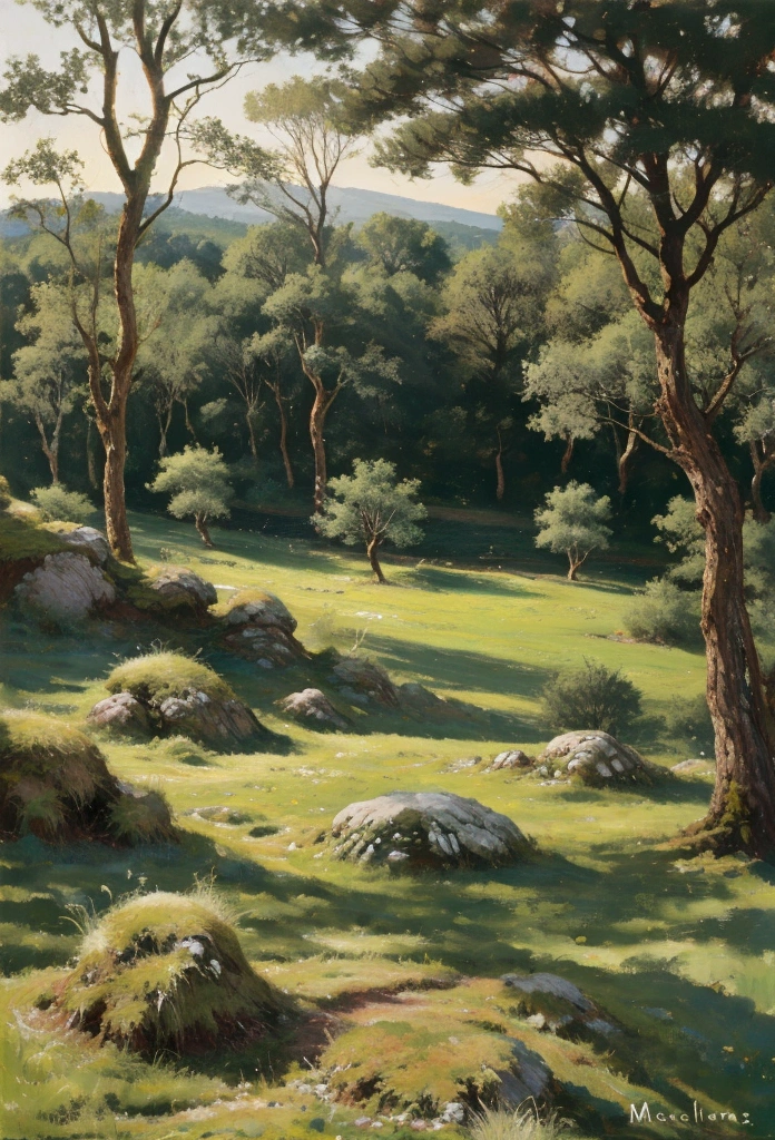 Large open spaces with green meadows and forests and rocky moss 