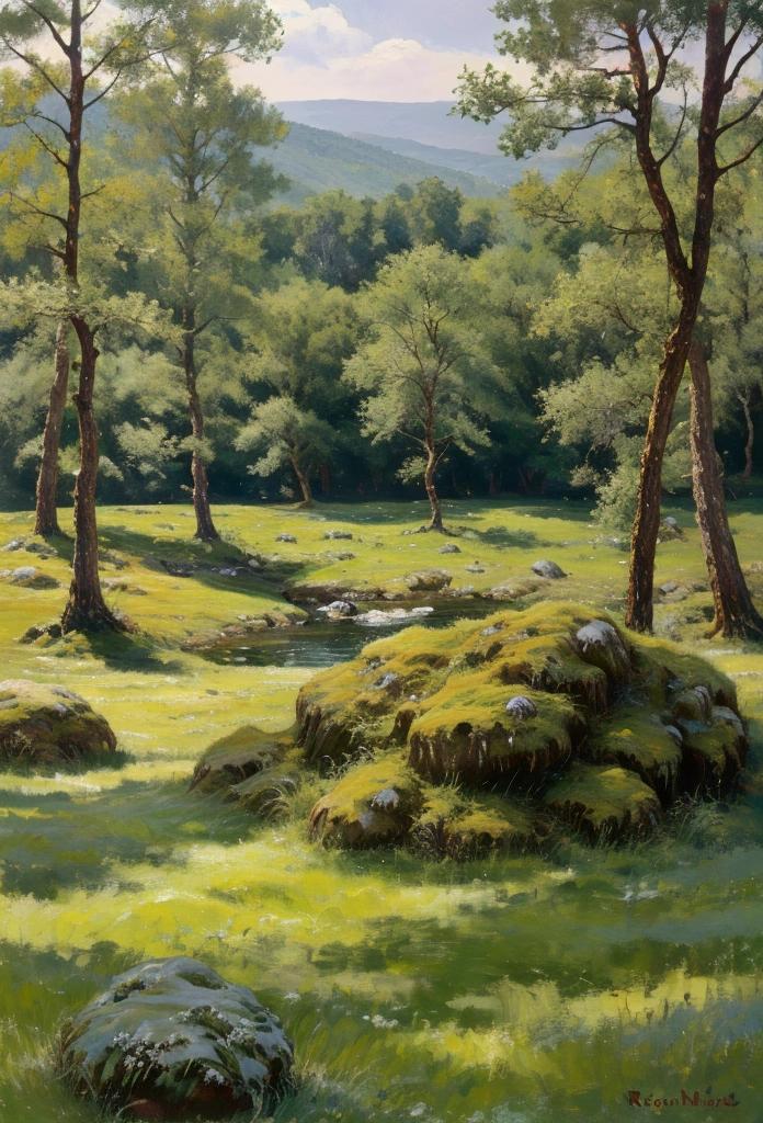Large open spaces with green meadows and forests and rocky moss