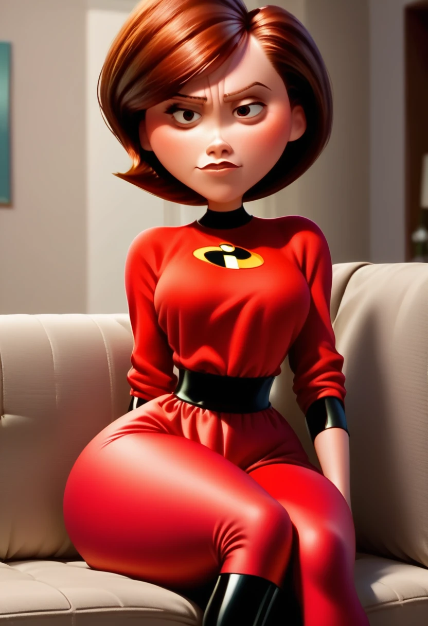 score_9, score_8_up, score_7_up, score_6_up, score_5_up, score_4_up, rating_questionable, 1girl, Hel_enParr, on a couch, seductive look, short hair, dark red hair, big hips, blouse