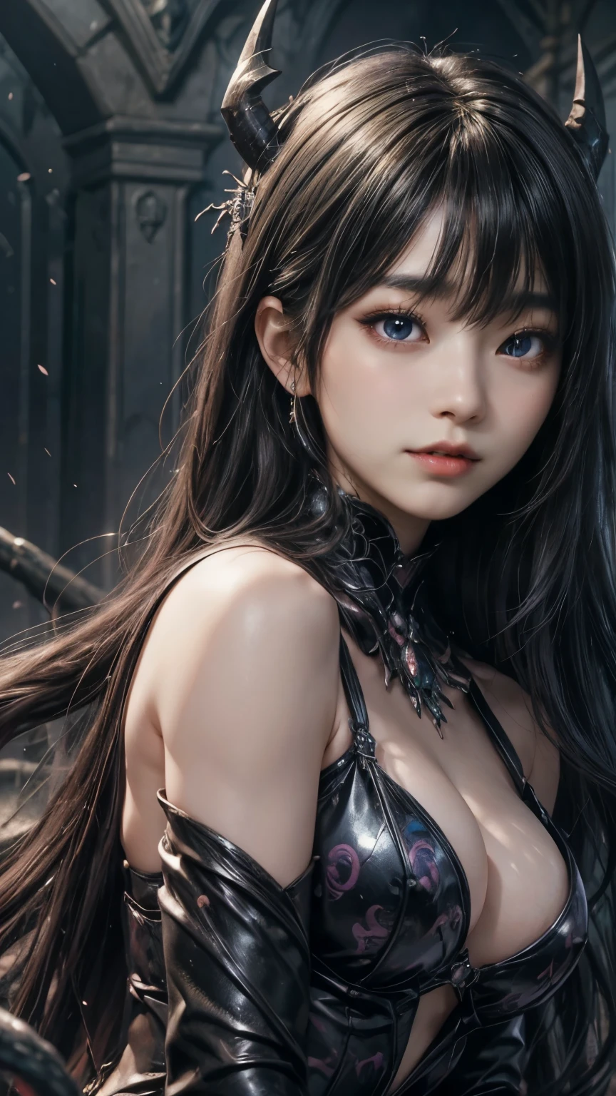 (Highest quality,4K,8k,High resolution,masterpiece:1.2), Very detailed, (Realistic,photoRealistic,photo-Realistic:1.37),(Beautiful attention to detail, Beautiful lip detail, Very detailed目と顔, Long eyelashes), ),(Fatal Beauty,Attractive beauty) ,(A supple and powerful physique),(Sensual charm),(Mysterious charm:1.1),(Captivating silhouette),Studio Lighting,Physically Based Rendering,Vibrant colors, 強力なスーパーevil女ズアップでポーズをとる, Black Goddess (Expose your shoulders), length, Flowing purple hair, View your viewers, Very detailed顔, Perfect hands, Blue smoke swirling around her, evil事を愛する, Captivating blue eyes, Dark fantasy, , realistic girl rendering, 8k 芸術的なドイツのボケ, Enchanting girl, Real Girls, Gurwitz, Gurwitz-style artwork, Girl Roleplay, Realistic 3D style, cgstation Popular Topics,, 8kポートレートレンダリング,(truth,truth:1.4)、Genuine, Symmetric, Attention to detail, Esoteric arachnids lady, Spider Queen Elise, League of Legends, Esoteric arachnids, Combat Stance, ( The body is made with liquid metallic paint in metallic mauve and metallic black.....、It beautifully depicts the female form.......。), length, Sharp Fangs, nature, ((Complex metallic colors decorate the foreground)), (( Fluid Mechanics, The most beautiful smooth scale face makeup, Smirking expression)) - Dark blood, Onyxia、Noir painting of a beautiful young witch, length purple hair, dark purple lips, evil, evil女, smile, Black Prom Dress, She is coming to you, close, Bright Blue Eyes, Surrounded by swirling pink smoke, Genuine, Attention to detail, Highest quality、、A beastly demon wields a vicious blade, Blood Chain, Behemoth Bones, Snake-like tentacles, Cruel Teeth, Expressions of madness, Oppressive Dungeon. 8kビジョンが恐怖を露呈, Ultra HD detail makes monsters stand out, Grotesque shadows dance, The creature whispers, Stifling atmosphere, Vision problems, Visible Madness. blade, A flash of evil intent shines, reflect (Light) Beyond the Darkness, Elucidate (Sharp details) and、Add a dizzying dimension to the impending chaos.