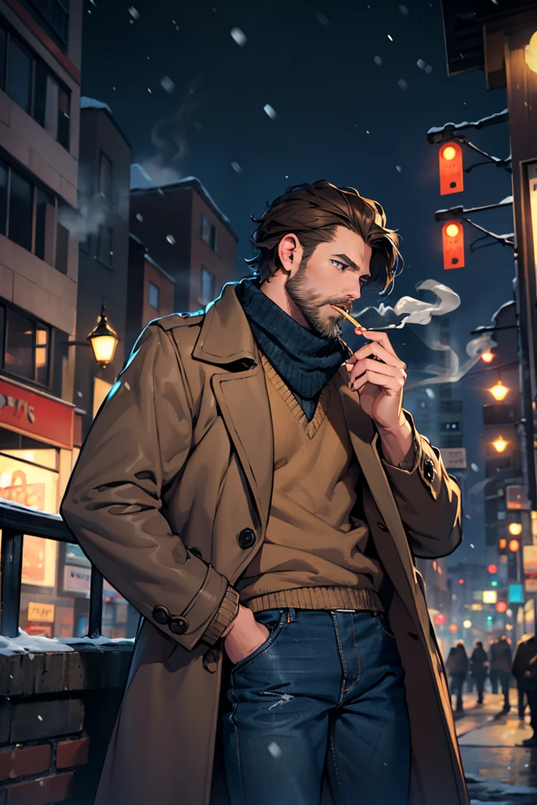 solo, 1boy, brown hair, short hair, brown beard, blue eyes, dressed in wool sweater with a neck, grey drape coat and dark blue jeans, smoking a cigarette, night, city, winter, snowing, half-body