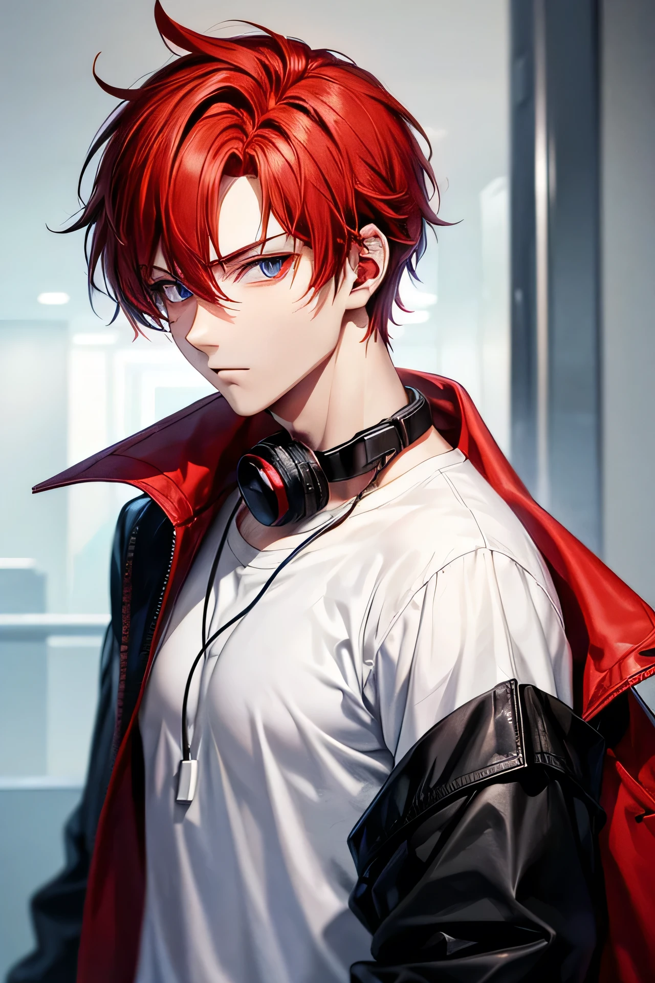 cartoon character red haired man He was wearing a white shirt and a black shirt with headphones around his neck. There is an effect where the eyes are red and the eyes are red.
